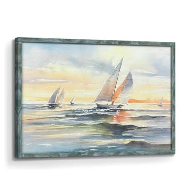 Imagem de Pintura de veleiro Arte de parede emoldurada: Barcos à vela do oceano de madeira imagem texturizada mar náutico impressão arte quarto sala de estar 91 x 61 centímetros