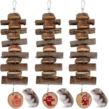 Imagem de 3 peças de brinquedo mastigável para animais pequenos, madeira de maçã natural, gaiola de bloco, molares pendurados, petiscos, lanche para hamsters, coelhos, pássaros, chinchilas, esquilos para férias