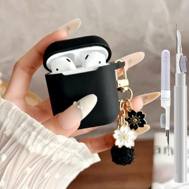 Imagem de Linda capa para AirPods 2ª geração para meninas e mulheres com chaveiro de flor pompom e kit de limpeza, capa protetora de silicone macio para Airpods iPod 2 Gen para Airpod 2 preta