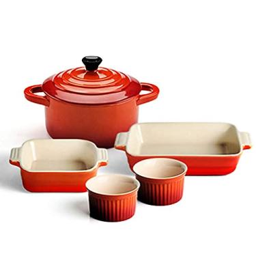 Imagem de Conjunto de 5 peças de louça de porcelana colorida, mini retangular, conjunto de assadeira, copo de bolo de cerâmica para tortas de lasanha, caçarola, tapas e mais laranja