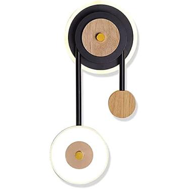 Imagem de HOSETEON Luminária de parede acrílica de madeira com 2 luzes, 3 arandelas de metal de disco voador, luminária LED de 14 W, lâmpadas de arandela de corredor