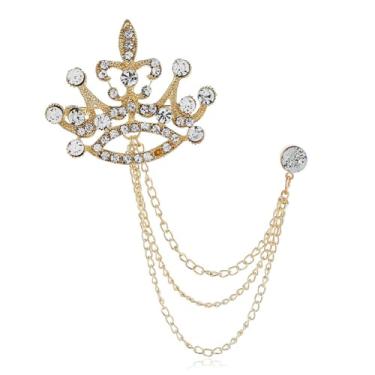 Imagem de coadipress Coroa com corrente suspensa broche para mulheres homens elegantes cavalheiros ouro prata cristal coroa lapela broche vintage strass casamento terno camisa pin acessórios, Middle, Liga de