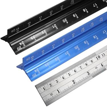 Imagem de Biaungdo Conjunto de 3 réguas de escala de engenheiro, ferramenta de desenho triangular de alumínio de 30,5 cm, régua gravada a laser para desenhista, régua de metal padrão incluída, preto + azul