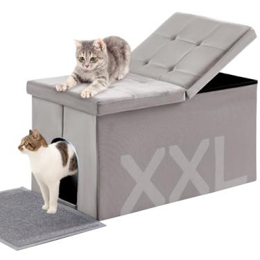 Imagem de MEEXPAWS Caixa de Areia para Gatos Mobiliário Escondido Extra Grande, Design Elevador Tampa Veludo Gato Armário de Armazenamento Banco de Banheiro | 89,9 x 50 x 50 cm | À prova de cães | Interior à