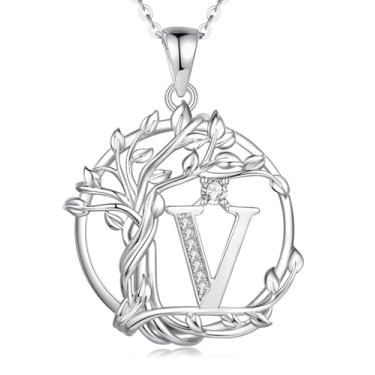 Imagem de FANCIME Presentes de dia das mães, árvore da vida, colares com inicial para mulheres, joia de árvore de prata esterlina, pingente de letra de diamante simulado, zircônia cúbica, zircônia cúbica,