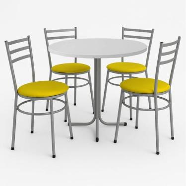 Imagem de Mesa de Jantar Redonda 80cm Branca Com 4 Cadeiras Estofada Cinza - Lam