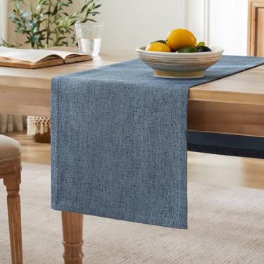 Imagem de ZeeMart Caminhos de mesa estilo casa de fazenda de juta 122 cm de comprimento, caminho de mesa de jantar de tecido rústico azul para uso diário, 35 x 122 cm, azul