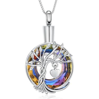 Imagem de QGJNSGC Colar de urna de árvore da vida, joia de cremação, para cinzas, pingente de cinzas de aço inoxidável, círculo de cristal para mulheres e homens, memorial de lembrança para joias e presentes