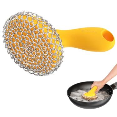 Imagem de SUBEKYU Esfregador de ferro fundido com alça de silicone, limpador de frigideira de aço inoxidável para panelas de ferro fundido (amarelo)