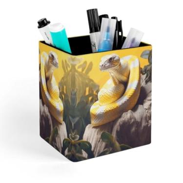 Imagem de YTLKGFP Porta-canetas de couro, amarelo e branco, com estampa Python, para mesa, maquiagem, pincéis, armazenamento de copos, escritório, organizador de mesa