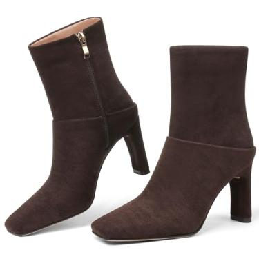 Imagem de Attiposh Botas de cano curto femininas bico quadrado com zíper lateral salto baixo botas modernas confortáveis sapatos femininos elegantes, Camurça marrom, 40