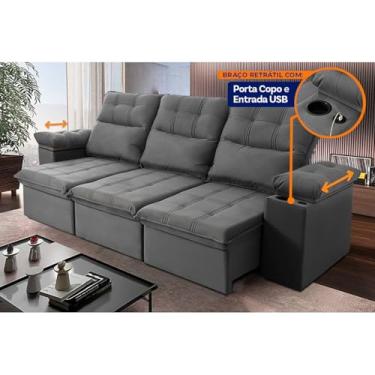 Imagem de Sofá Retrátil Reclinável Verona USB + Porta Copo 2.30m Suede Velut Cinza c/ Molas no Assento - King House