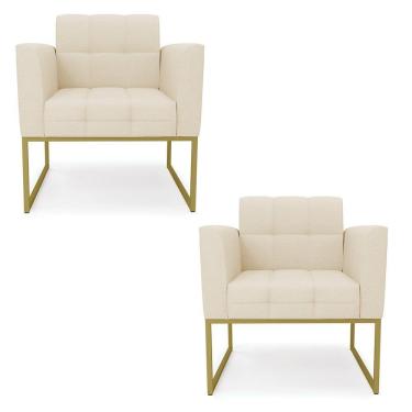 Imagem de Kit 2 Poltronas Elisa Linho Base Metálica Industrial Dourada - D'rossi Cor A19 Bege