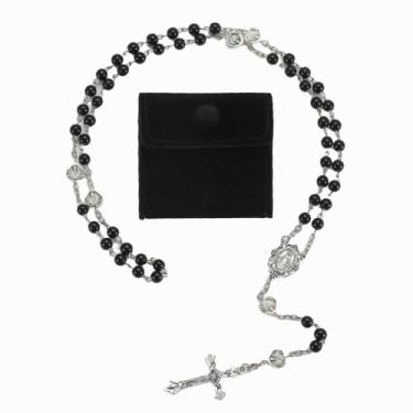 Imagem de 1 colar de contas de pérolas de vidro com epóxi milagroso coração contas de metal rosário pacote em saco de presente de veludo com joia Rosary Pray, 50cm, Zinco, Sem Pedra Preciosa