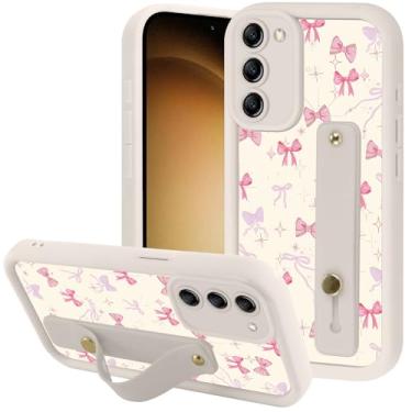 Imagem de Zrutru Capa de telefone estética com laço rosa estrela para Samsung Galaxy S23 5G com alça de pulso de mão macia ajustável flexível suporte de silicone à prova de choque Funda para Samsung S23 de 6,1