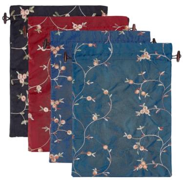 Imagem de FINGERINSPIRE 4 peças de bolsas de sapato de flor de seda bordadas 4 cores 35 x 26 cm/13,8 x 10,2 polegadas retangular bordado flor estopa sacos de embalagem sacos com cordão para Natal, festa de