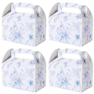 Imagem de Beebeecraft 12 caixas dobráveis de papel, 15 x 9 x 9 cm, caixa de presente de papelão azul floral com alça para lembrancinhas de festa, casamento, aniversário, padaria, doces