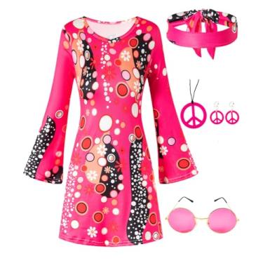 Imagem de IWALUE Vestidos hippie para meninas, crianças, 60, 70, discoteca, Halloween, roupa retrô (vermelho rosa, 11-12 anos)