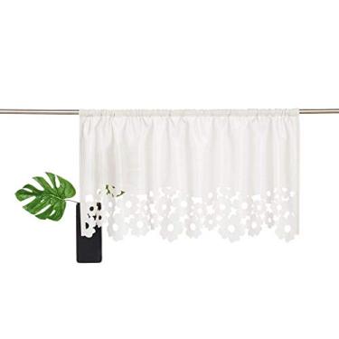 Imagem de SIMPVALE Cortina curta de voile transparente com design floral vazado para sala de café, cozinha, banheiro, 1 painel (largura 120 cm/altura 60 cm, branca)
