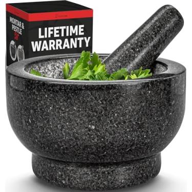 Imagem de Conjunto de almofariz e pilão para serviço pesado, 4 xícaras, tigela de moedor de pedra de pilão e almofariz de granito 100% natural, tigela molcajete, tigelas de guacamole para triturador de abacate, preto