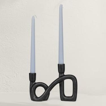 Imagem de Castiçal duplo de ferro fundido preto, suporte de castiçal abstrato moderno, centro de mesa elegante para casa, quarto, casamento, sala de jantar e decoração de festa