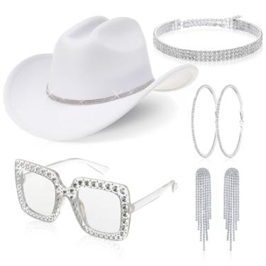 Imagem de Cutecrop 5 peças de chapéu de vaqueira para mulheres, brinco de cowboy com glitter, colar, óculos de sol, fantasia para festa de Halloween cosplay (branco)