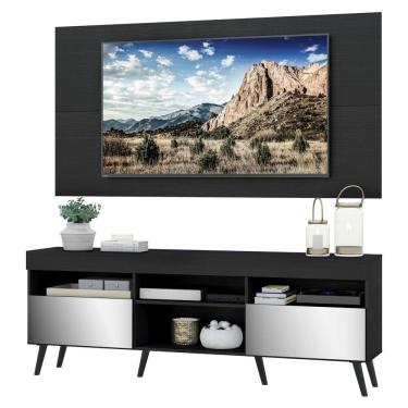 Imagem de Rack Com Painel E Suporte Tv 65" Retrô Com Espelho Londres Multimóveis V3352 Preto Preto