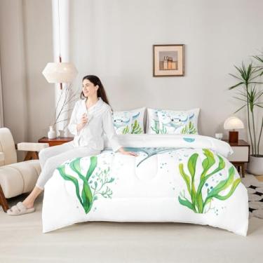 Imagem de Manfei Conjunto de edredom Queen com 7 peças, estampa de animais marinhos fofos, cama de algas marinhas em uma bolsa com edredom, lençóis e fronhas, decoração de quarto de crianças, meninos e meninas