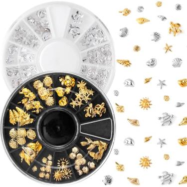 Imagem de Winsyison Amuletos de arte de unhas oceânicas de 2 discos, adesivos de unhas de metal 3D, decalques de conchas de estrela do mar de praia, enfeites de manicure DIY para mulheres - ouro e prata