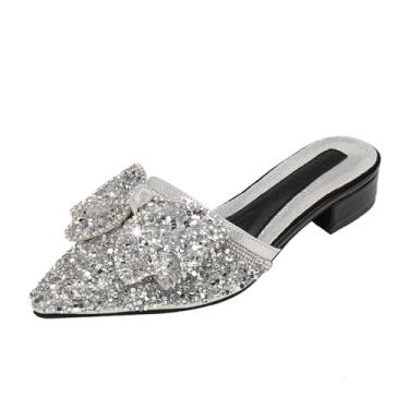 Imagem de EGEBS Sandálias femininas de salto grosso com laço de strass brilhante, moderno, confortável, bico fino, sem cadarço, salto baixo, para festas, encontros, casamentos, tamancos elegantes, Prata, 40