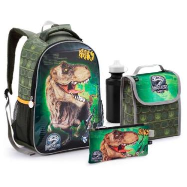 Imagem de Mochila Costas + Lancheira + Estojo + Garrafa - T-Rex Verde - Seanite
