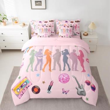 Imagem de Conjunto de cama para meninas, solteiro, rosa, estética, moderna, discoteca, borboleta, 7 peças, edredom com edredom, lençóis, fronhas e capa de almofada