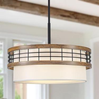 Imagem de ZLNIDJIA Lustre De Tambor De 18", Lustre Moderno De Fazenda De 3 Luzes, Luminária Pendente Grande Preta E Com Textura De Madeira Para Sala De Jantar, Ilha De Cozinha, Hall De Entrada, Quarto