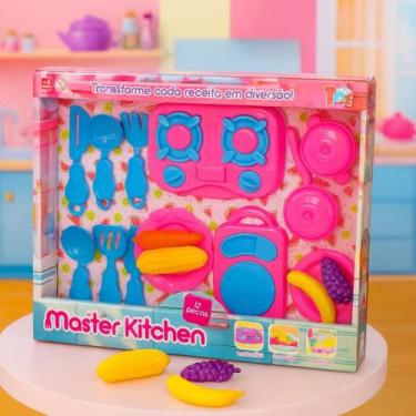 Imagem de Kit Brinquedo de Cozinha Infantil Rosa com Fogão Panelas Talheres Legu