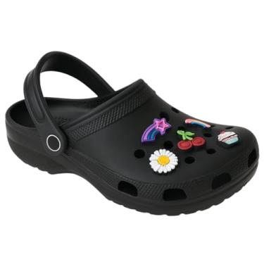 Imagem de Sandália Feminina Babuche Clog em EVA, Design Anatômico, com Acessórios Decorativos PINS, Antiderrapante, Confortável (Preto, BR, Adulto, Faixa Numérico, 35, 36)