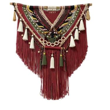 Imagem de Tapeçaria de parede de macramê, tapeçaria de parede feita à mão com borla, decoração de parede com fio colorido de estilo étnico para quarto, sala de estar, berçário, apartamento, tamanho: 85 x 90 cm