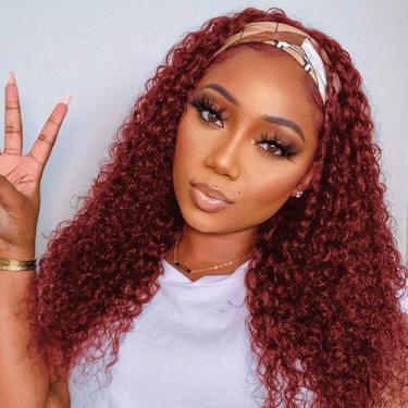 Imagem de Peruca com bandana WENYAN 99J Burgundy Human Hair Deep Wave 50cm