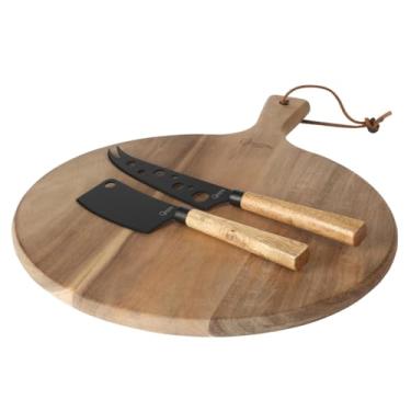 Imagem de Gibson Home Gracious Dining Tábua de servir de charcutaria de 3 peças com facas de queijo inoxidável e tábua redonda de madeira de acácia