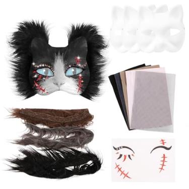 Imagem de DJAPWPX Kit de máscara de gato faça você mesmo, 13 peças, kit de máscara em branco com fita de pele adesiva, faça você mesmo, baile de máscaras de papel para festa de Halloween, Páscoa, cosplay