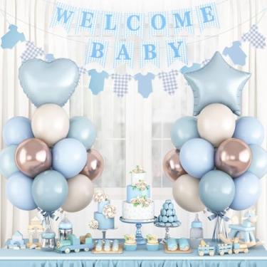 Imagem de Dusty Blue Baby Shower Decorations Oh Welcome Baby Boys Balloon Set with Star Heart Foil Balloons Bunting Banner Bodysuit Garland Boho Pastel Blue Gold White Sand Gender Reveal Party Decor for Girls