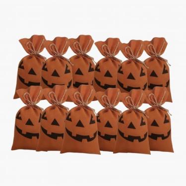 Imagem de Sacos de presente de tecido de Halloween com laços – Pacote com 12 sacos de guloseimas de abóbora Jack-O'-Lantern, sacos de doces reutilizáveis de pano para doces ou travessuras, sacos de