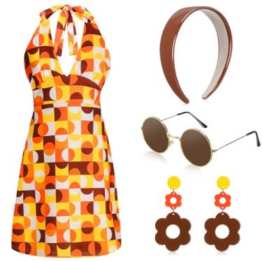 Imagem de SATINIOR 4 peças de fantasia hippie feminina dos anos 60 e 70, roupa de discoteca retrô, brinco descolado, faixa de cabeça, vestido de óculos de sol para festa de Halloween (GG)