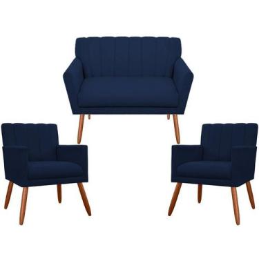 Imagem de Kit Namoradeira + 2 Poltronas Decorativa Cecília Suede Azul Marinho Pé