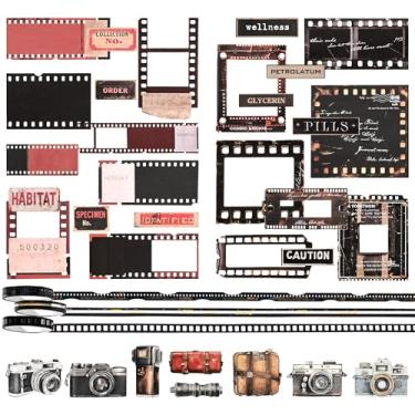 Imagem de Conjunto de adesivos para scrapbook de filmes vintage – 3 pacotes de adesivos de papel (recortados e com desenhos sólidos) e 3 rolos de filme PET (7 mm × 2 m) – Tema de câmera retrô e filme (Film)