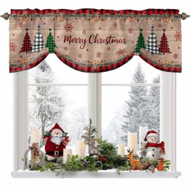 Imagem de YESOF66 Cortinas de Natal para janelas de cozinha, árvores de Natal, flocos de neve, xadrez, madeira, varão, bolso, cortinas de janela para sala de estar, quarto, casa de fazenda, 137 cm L x 45 cm C