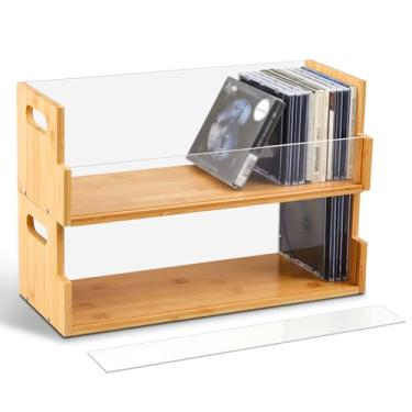 Imagem de CroBlissful 2 conjuntos de organizadores de armazenamento de CD de bambu e acrílico – caixa de suporte para exibição de CD visível com alça, prateleira organizadora para capas de videogame, CDs, cada