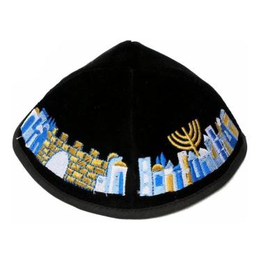 Imagem de Kipa Judaico Veludo Preto - Menorah Jerusalém Bordada