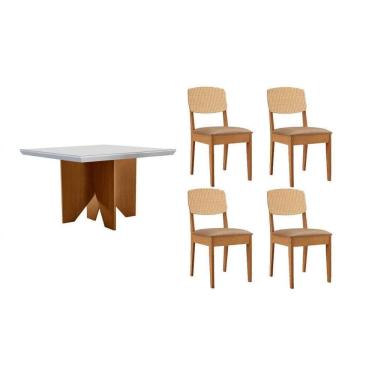 Imagem de Conjunto Sala de Jantar Nevada c/ Tampo Madeirado c/ Vidro Canto Curvo 90x90cm e 4 Cadeiras Havana Premium Naturale/Off White - Capuccino/Linho Bege-R