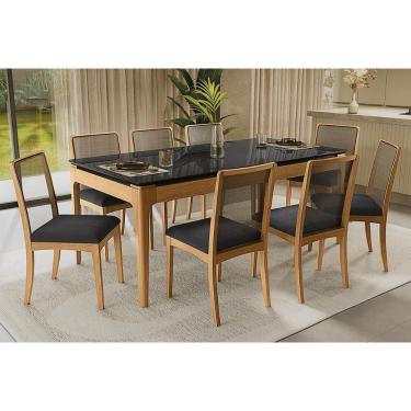 Imagem de Conjunto Sala de Jantar Mira Premium Madeira Maciça c/ Tampo Madeirado c/ Vidro 200x100cm e 8 Cadeiras Lara Carvalho/Preto - Boucle Grafite-Kappesberg