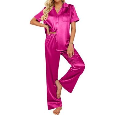 Imagem de Conjunto de pijama Ekouaer Silk Satin para mulheres rosa choque com bo